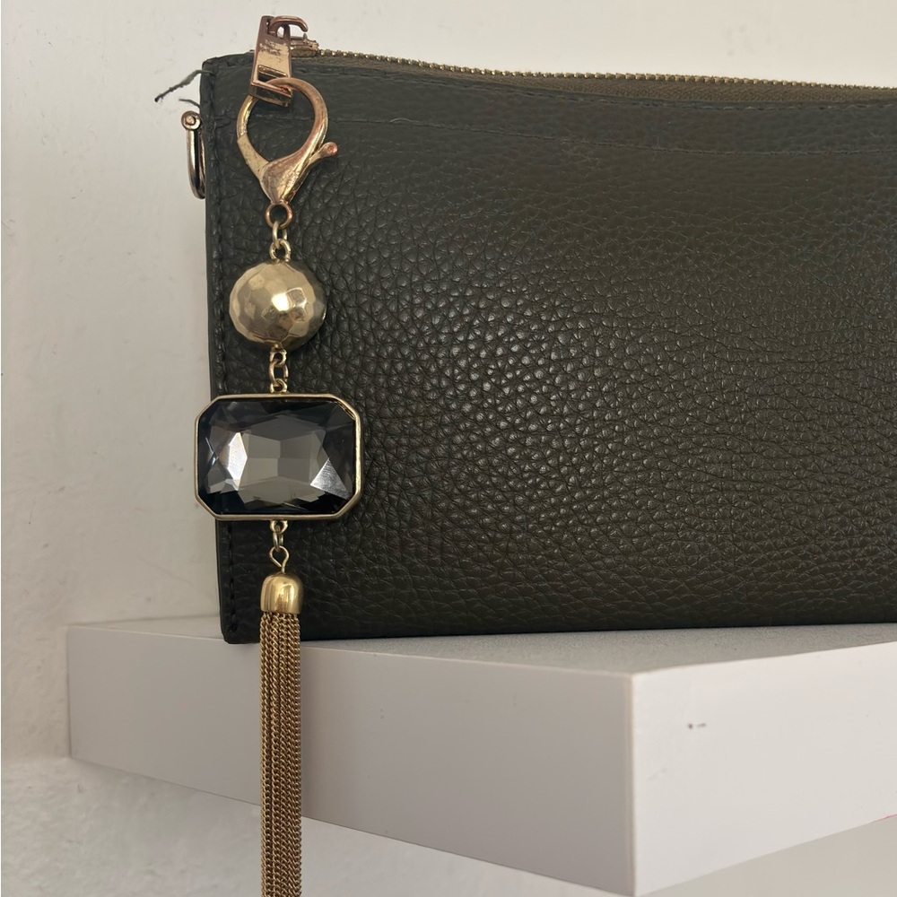 Bag Charm - Smoky Quartz Stone & Gold Tassel - Handbag Charm / Purse - Upcycled